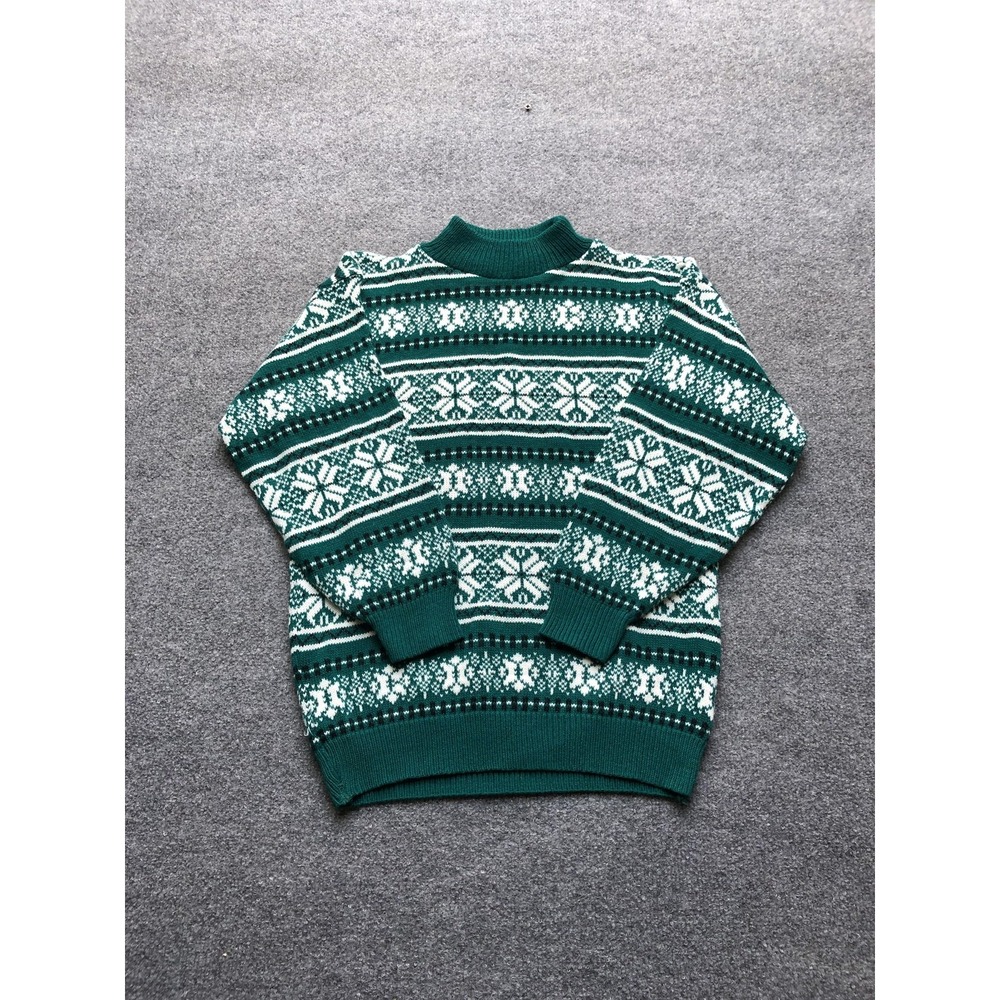 Vintage Pride Sweater Mens Small Green White Fair Isle Knit Pullover Made in USA